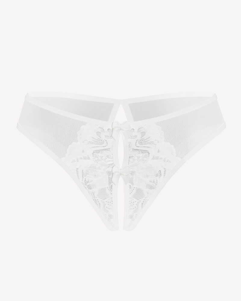 White mesh panties briefs with lace and bow, unique crotch design, sexy lingerie