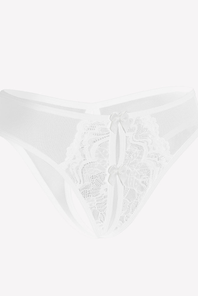 White mesh panties briefs with lace and bow details, designed for charm and comfort.