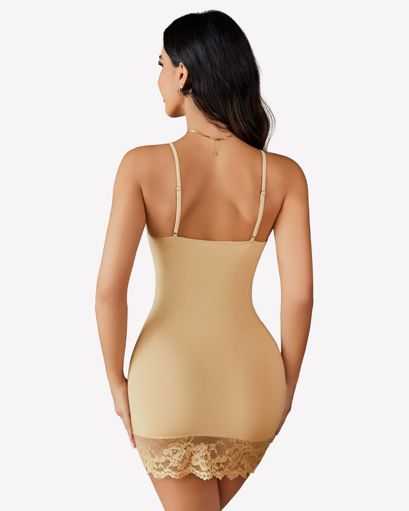 Beige mini slip dress with lace trim and adjustable straps, perfect for a graceful figure.