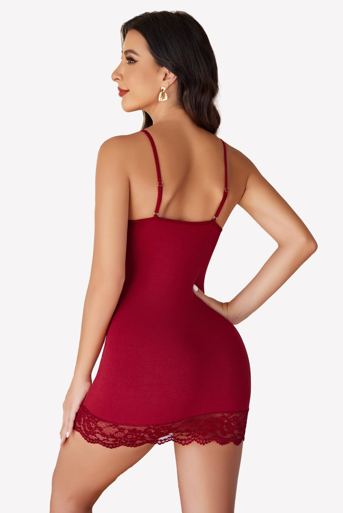 Burgundy Lace Trim Mini Slip Modal Dress with lace trim, highlighting graceful figure.