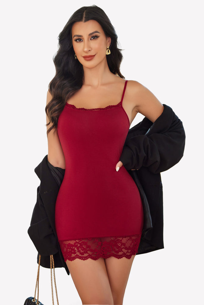 Burgundy lace trim mini slip dress with adjustable straps, perfect for a graceful figure