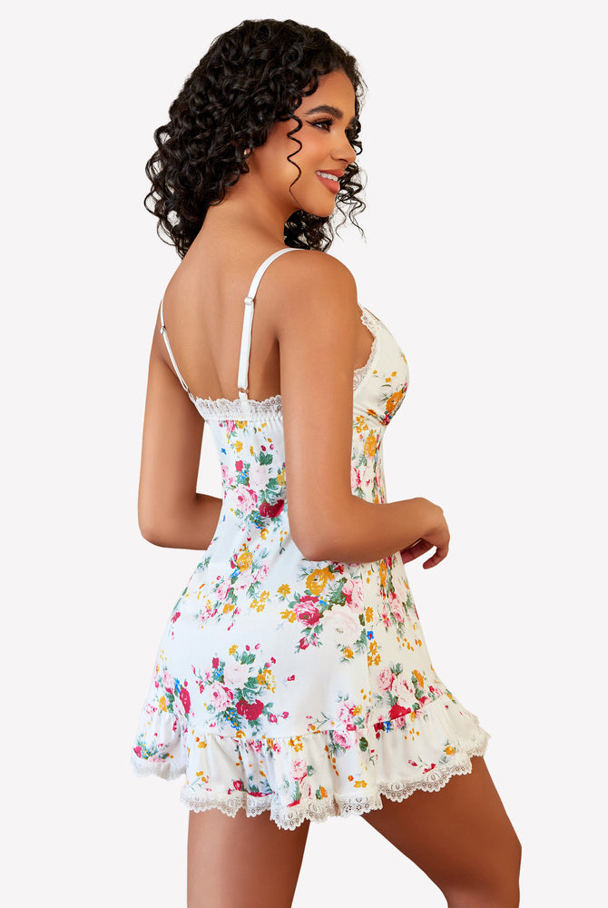 White floral lace V neck babydoll sleepwear with lace trim, perfect for a special night