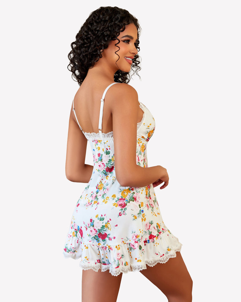 White floral lace V neck babydoll sleepwear with lace trim, perfect for a special night