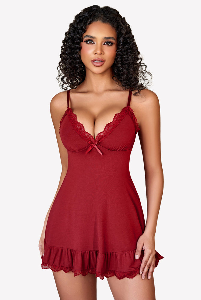 Burgundy modal babydoll sleepwear with lace trim and bow, perfect for a special night.