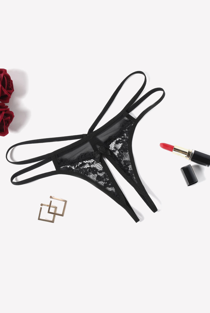 Black floral lace G-string panty with bow detail, sexy lingerie for women