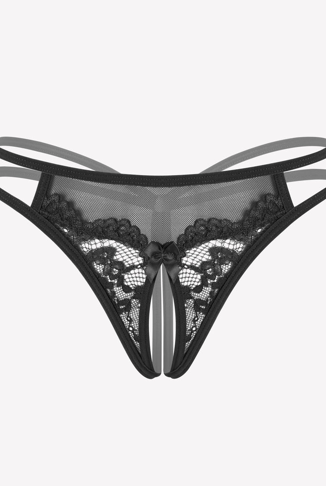 Black floral lace G-string with open design, sexy lingerie with floral lace and bow detail