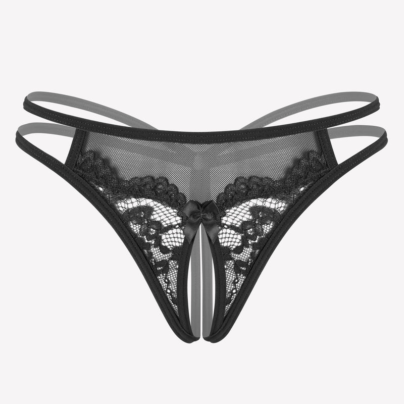 Black floral lace G-string with open design, sexy lingerie with floral lace and bow detail