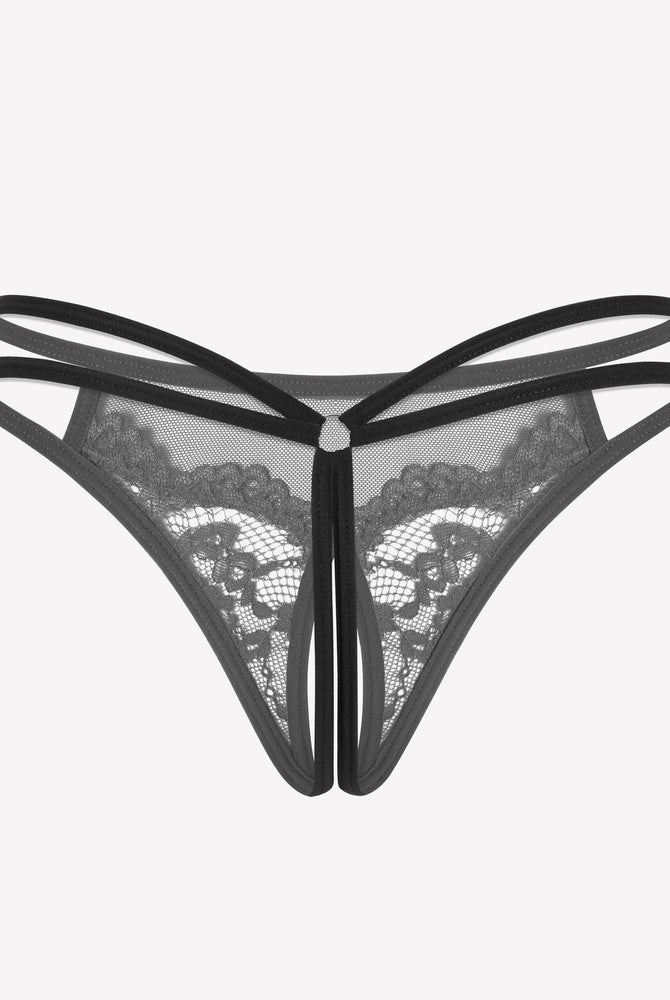 Gray floral lace G-string panties with open design, sexy lingerie for women