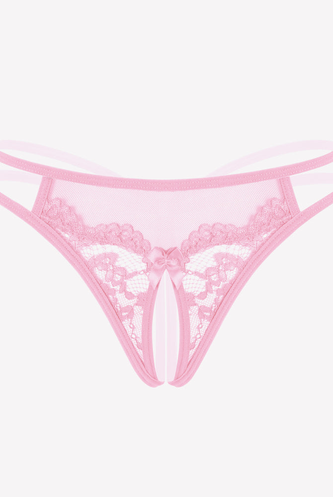 Pink floral lace G-string panty with open design, sexy lingerie for women