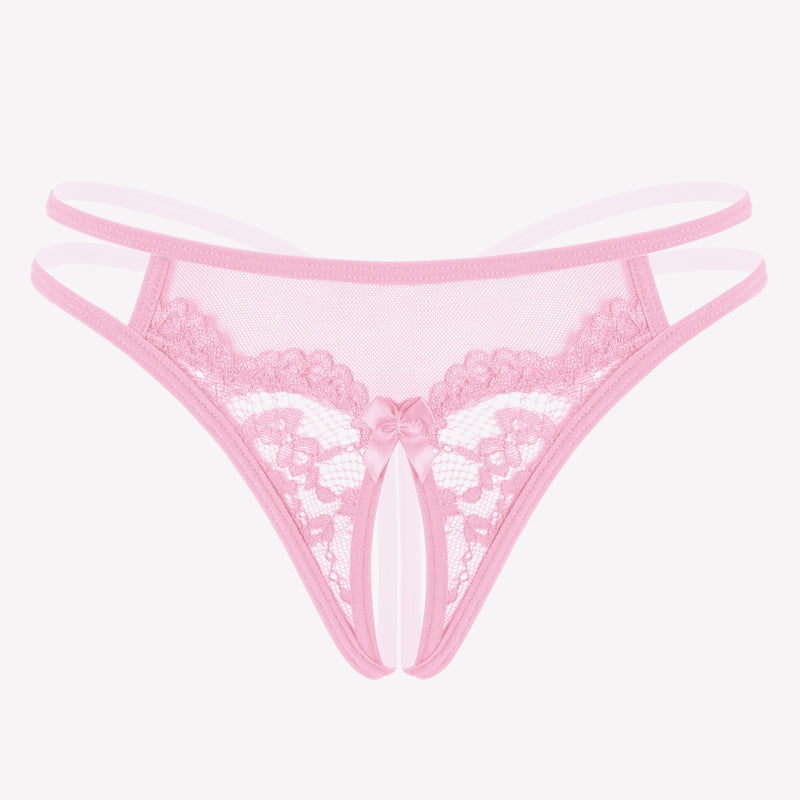 Pink floral lace G-string panty with open design, sexy lingerie for women