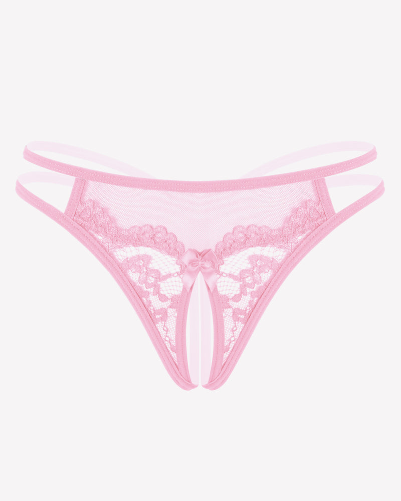 Pink floral lace G-string panty with open design, sexy lingerie for women