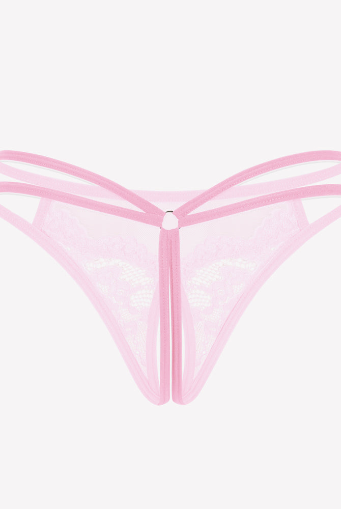 Pink floral lace briefs with open crotch design, offering a comfortable and confident fit for women