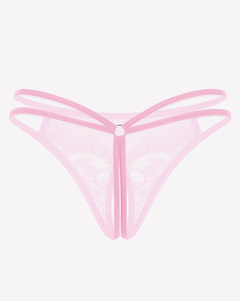 Pink floral lace briefs with open crotch design, offering a comfortable and confident fit for women