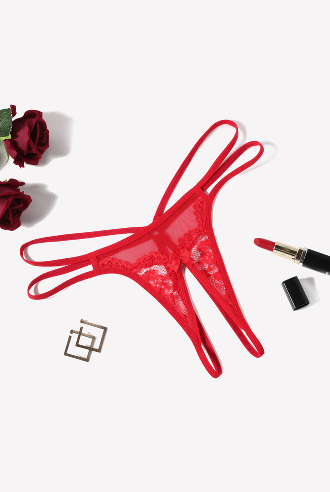 Red floral lace G-string panty with open design, sexy lingerie for women, red lipstick and roses