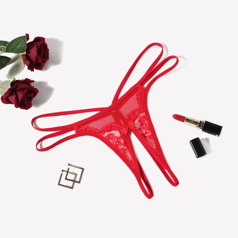 Red floral lace G-string panty with open design, sexy lingerie for women, red lipstick and roses