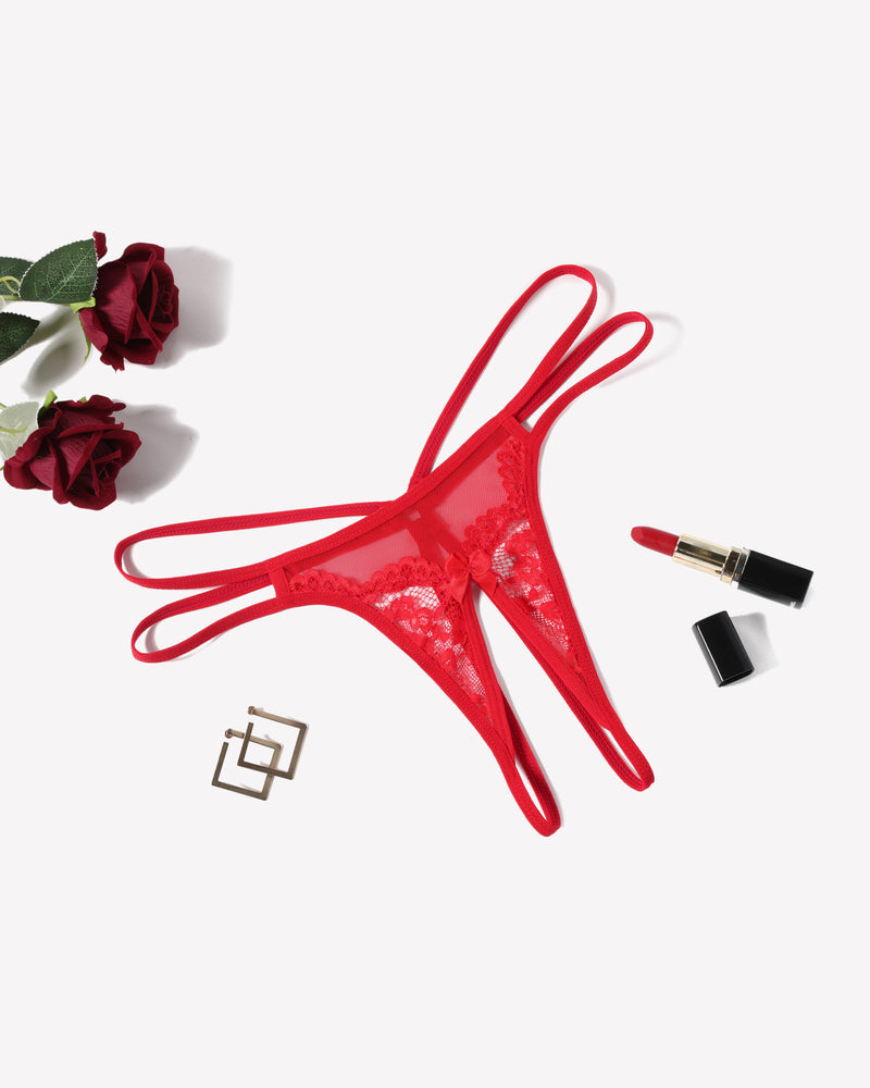 Red floral lace G-string panty with open design, sexy lingerie for women, red lipstick and roses
