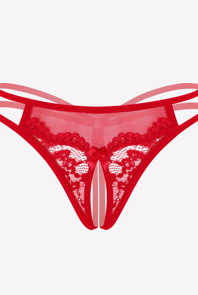 Red floral lace G-string panty with open design, sexy lingerie for women, Avidlove