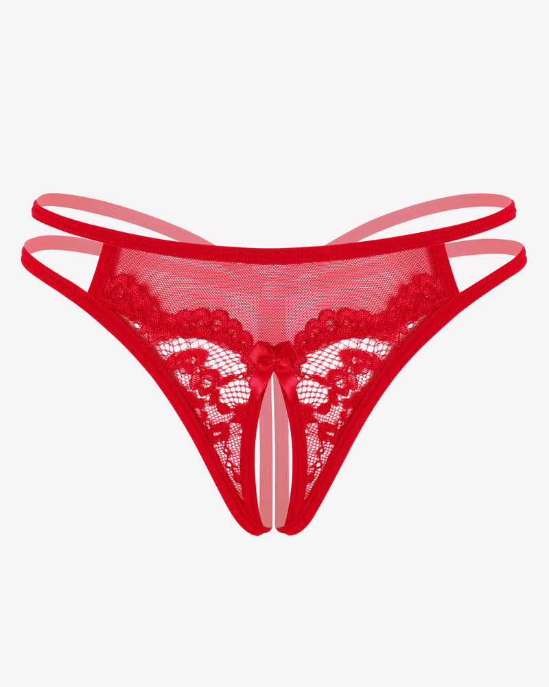 Red floral lace G-string panty with open design, sexy lingerie for women, Avidlove