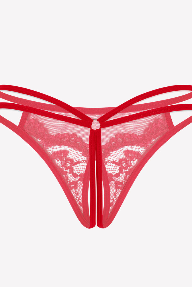 Red floral lace G-string panty with open design, sexy lingerie for women