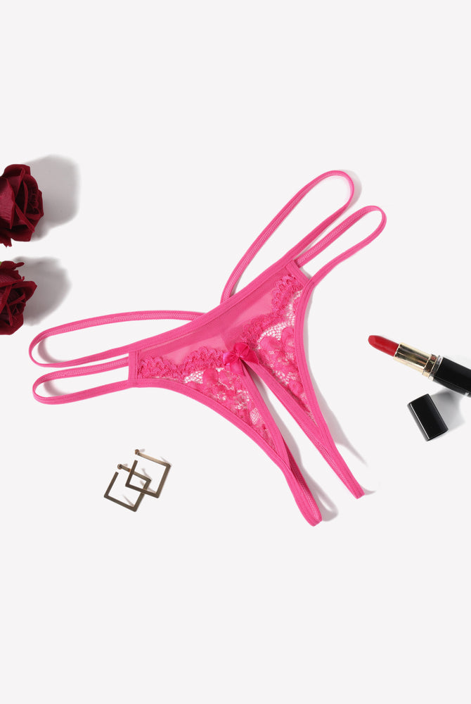Pink floral lace G-string panty with open design, red lipstick and roses, sexy lingerie for women