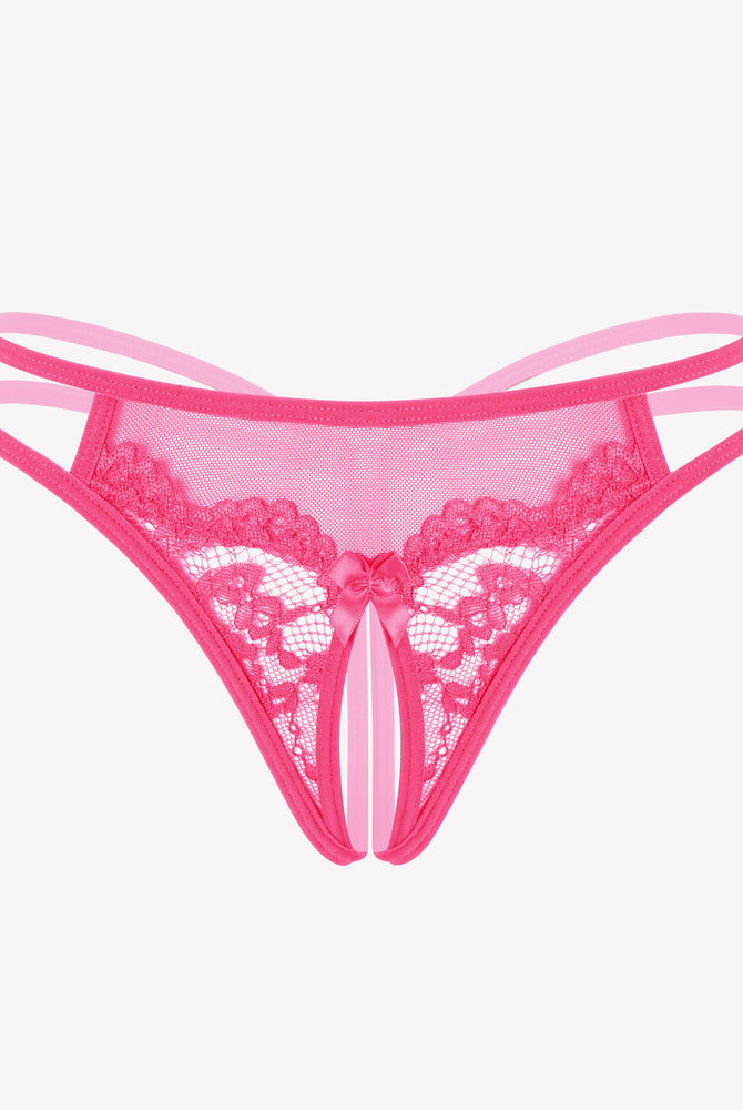 Pink floral lace open crotch briefs with delicate floral design, perfect for confidence and comfort