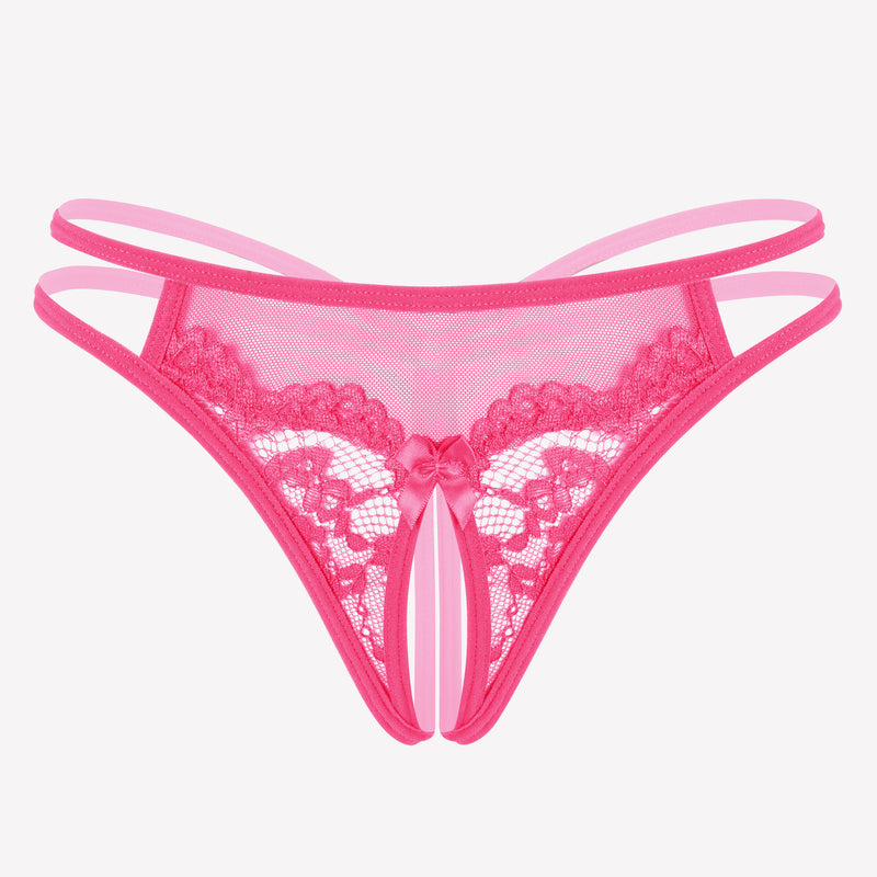 Pink floral lace open crotch briefs with delicate floral design, perfect for confidence and comfort