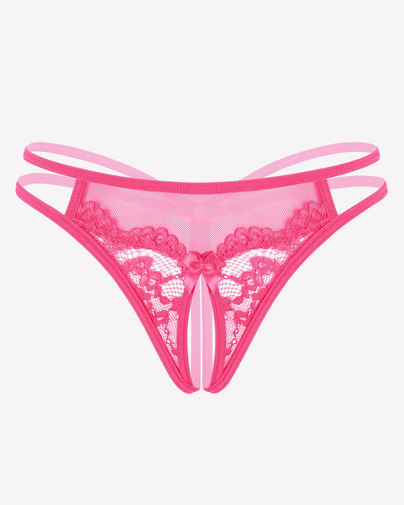 Pink floral lace open crotch briefs with delicate floral design, perfect for confidence and comfort