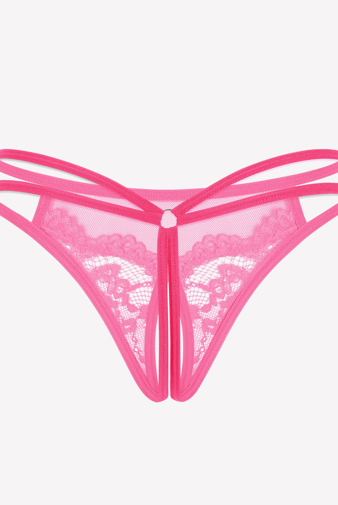 Pink floral lace G-string panty with open design, sexy lingerie for women, Avidlove