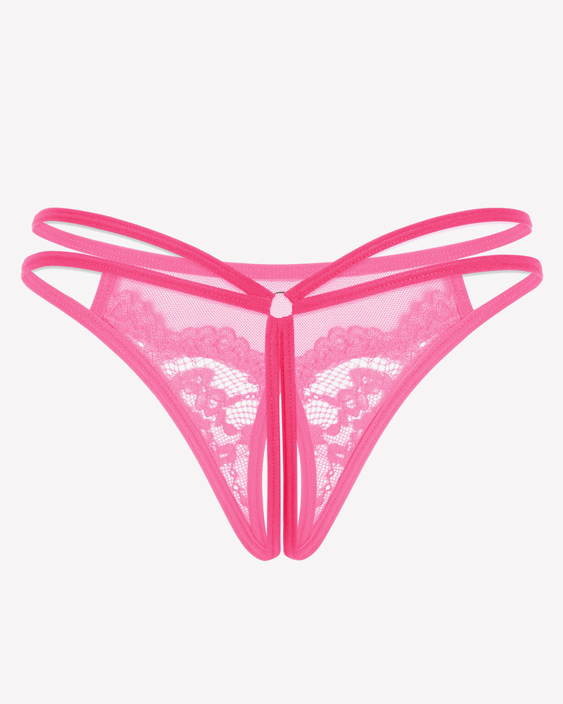 Pink floral lace G-string panty with open design, sexy lingerie for women, Avidlove