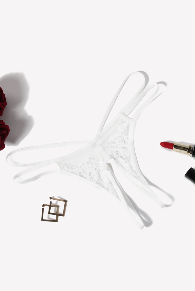 White floral lace G-string panty with bow detail, red lipstick and roses, sexy lingerie for women