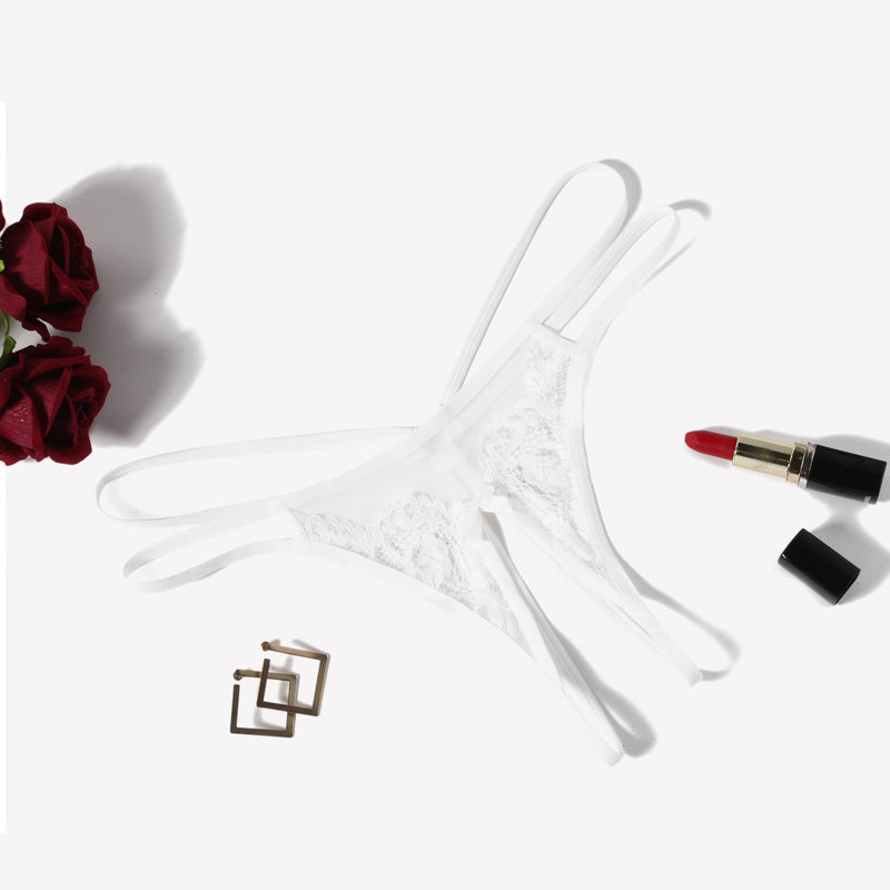 White floral lace G-string panty with bow detail, red lipstick and roses, sexy lingerie for women