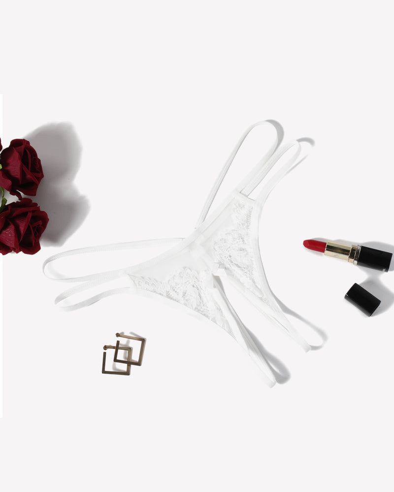 White floral lace G-string panty with bow detail, red lipstick and roses, sexy lingerie for women