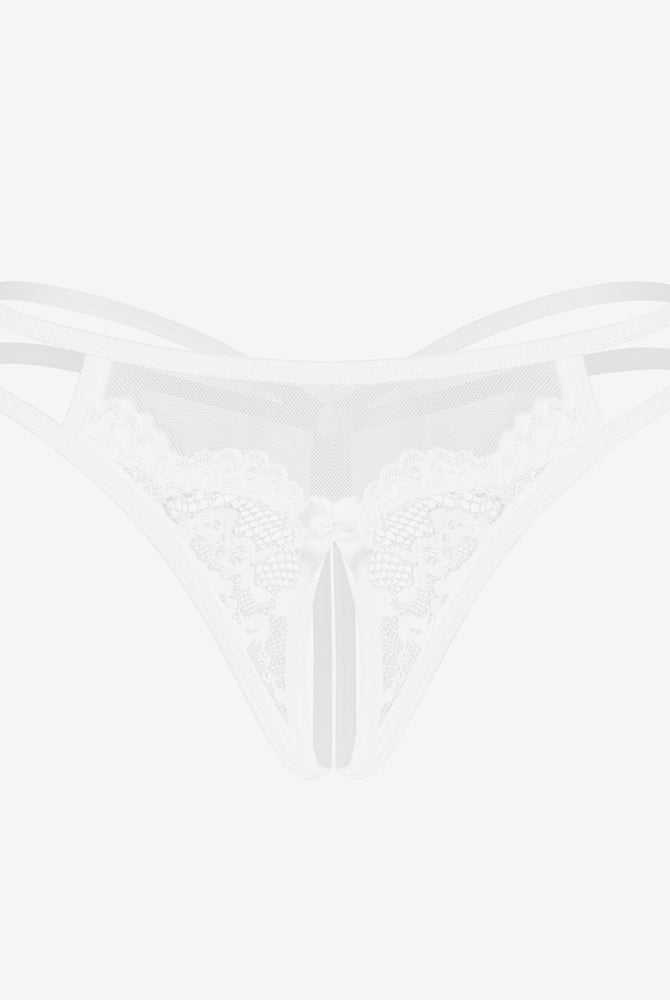 White floral lace G-string panties with open design and bow detail, sexy lingerie for women