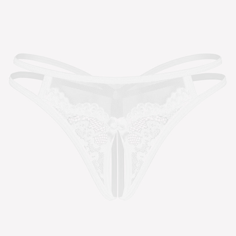 White floral lace G-string panties with open design and bow detail, sexy lingerie for women