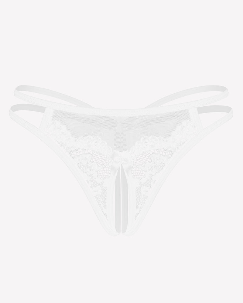 White floral lace G-string panties with open design and bow detail, sexy lingerie for women