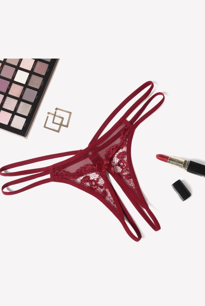 Burgundy floral lace open G-string panty with bow detail, sexy lingerie