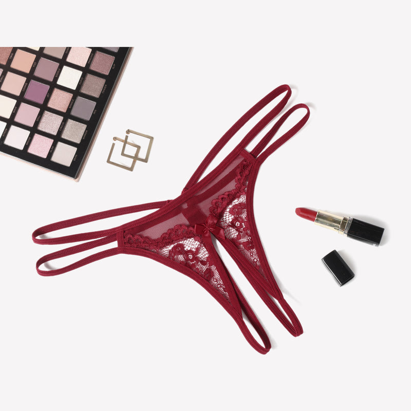 Burgundy floral lace open G-string panty with bow detail, sexy lingerie