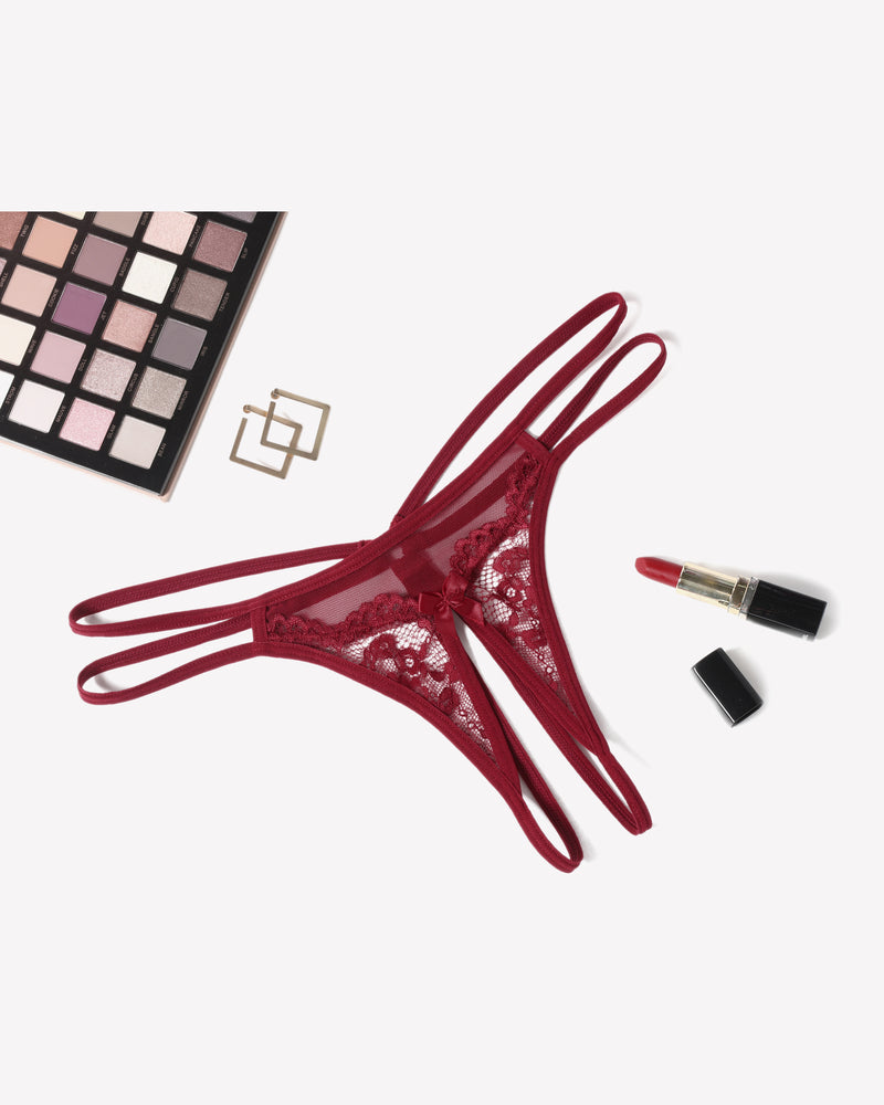 Burgundy floral lace open G-string panty with bow detail, sexy lingerie