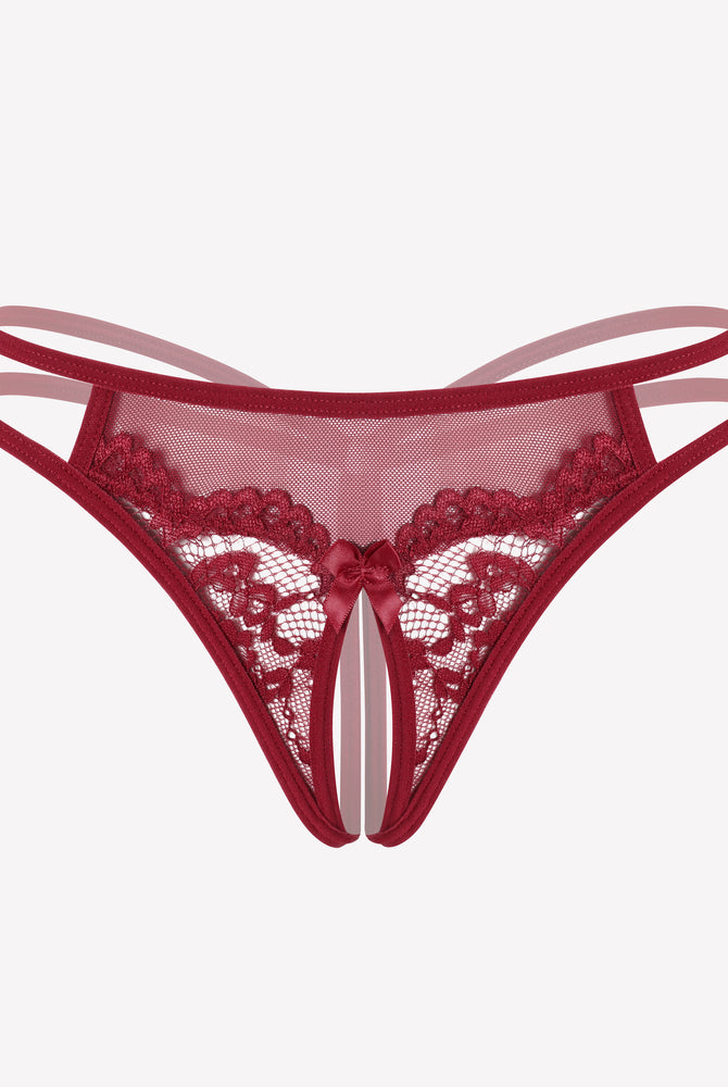 Burgundy floral lace G-string panty with open design, sexy lingerie for women