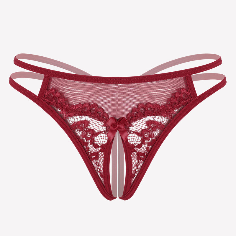 Burgundy floral lace G-string panty with open design, sexy lingerie for women