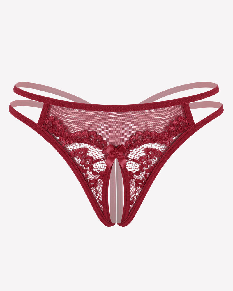 Burgundy floral lace G-string panty with open design, sexy lingerie for women