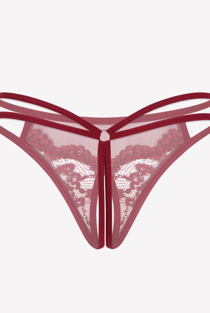 Red floral lace open crotch briefs with mesh and open crotch design, offering comfort and confidence