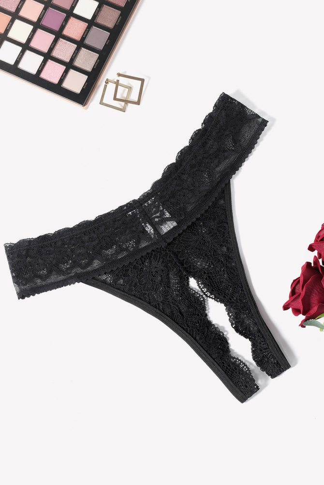 Black lace low rise T-back hipster thong, perfect for many occasions