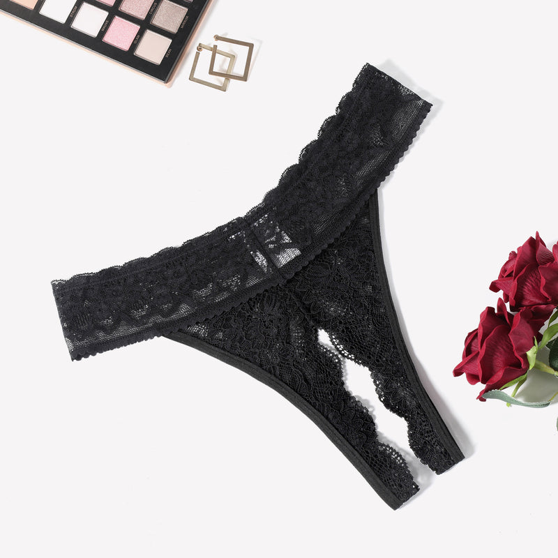 Black lace low rise T-back hipster thong, perfect for many occasions