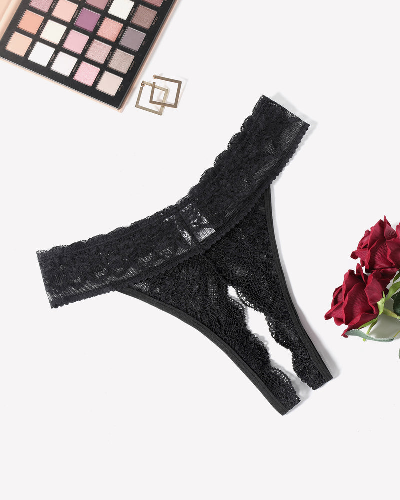 Low rise t-back lace thong, black lace with scalloped waistband