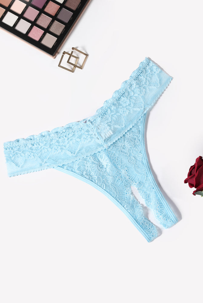 Light blue lace low rise T-back hipster thong with cut-out detail, perfect for many occasions