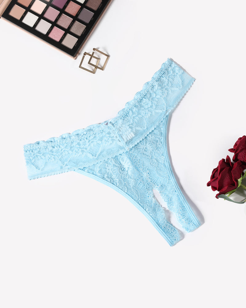 Low rise t-back lace thong, light blue with scalloped lace trim