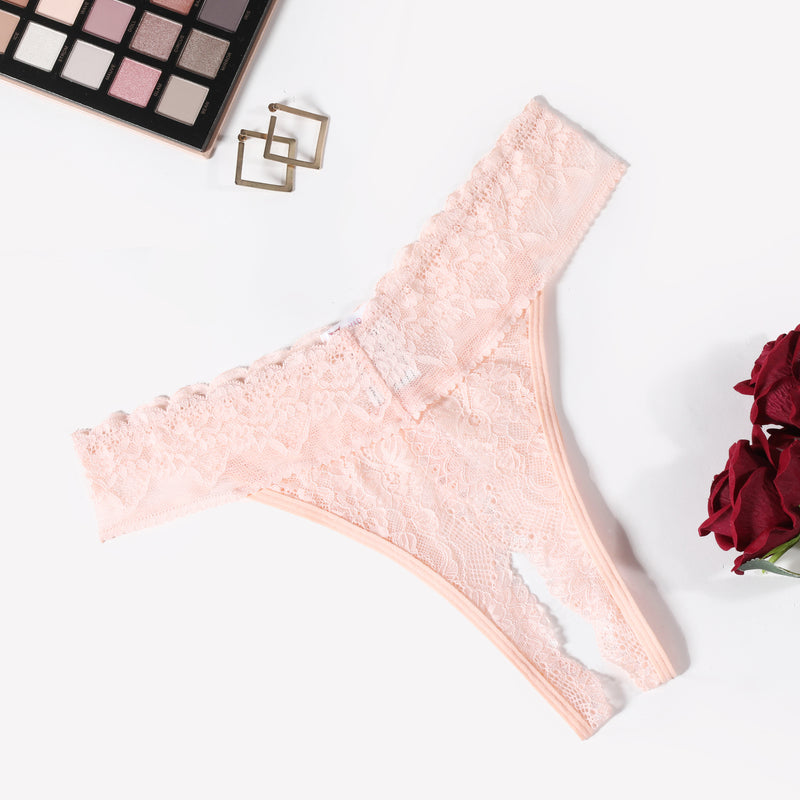 Low rise t-back lace thong, light pink with scalloped lace trim
