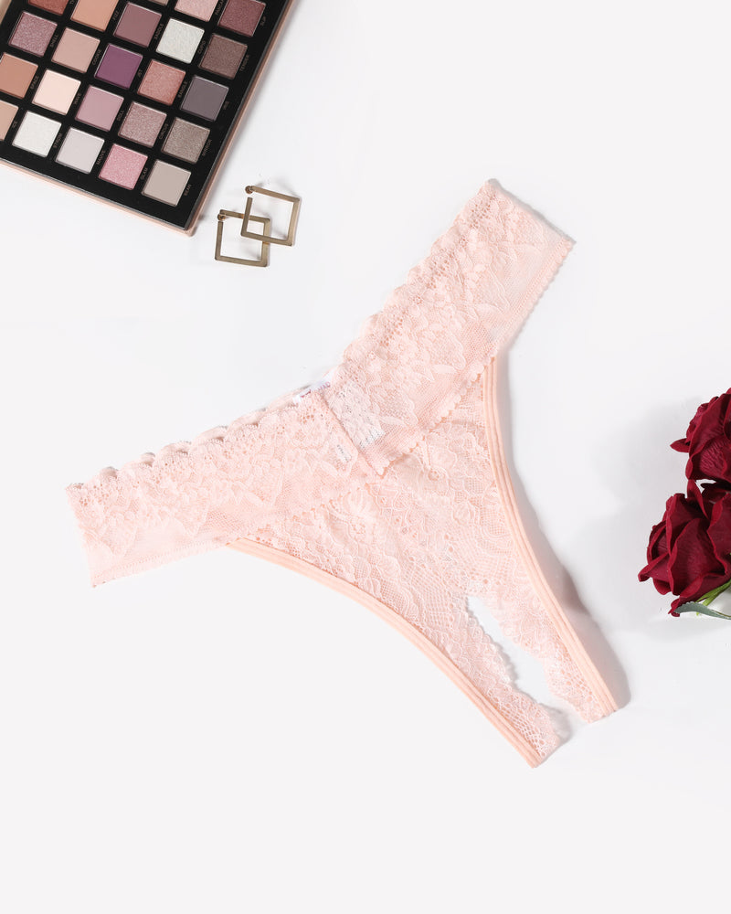 Low rise t-back lace thong, light pink with scalloped lace trim