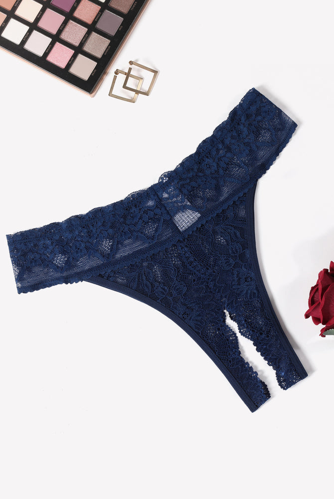 Navy blue lace low rise T-back hipster thong with cut-out detail, perfect for many occasions
